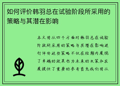 如何评价韩羽总在试验阶段所采用的策略与其潜在影响